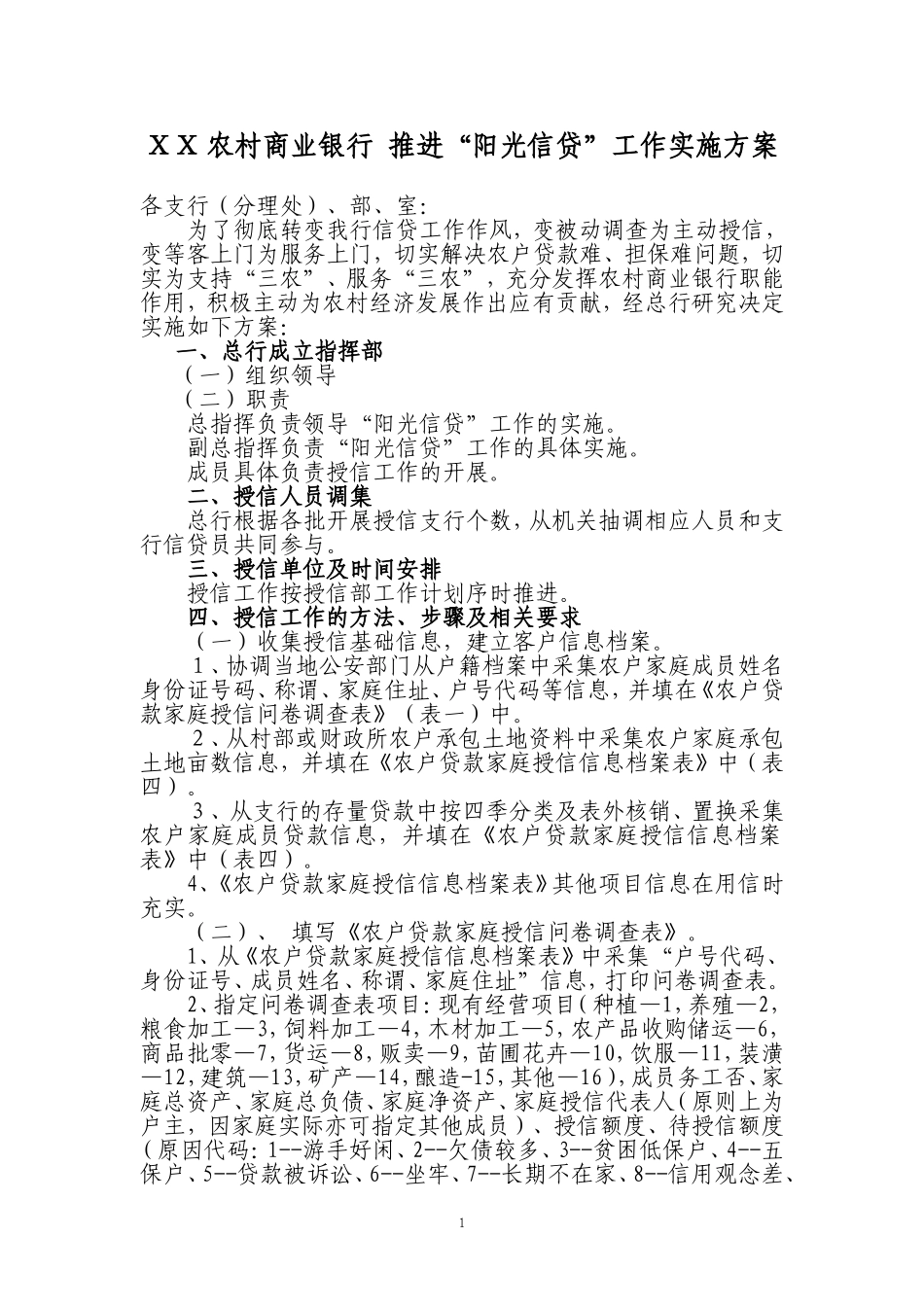 农村商业银行-推进“阳光信贷”工作实施方案_第1页