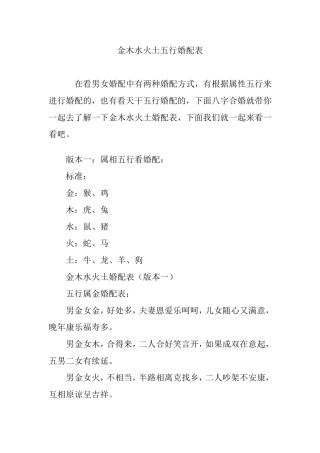 金木水火土五行婚配表