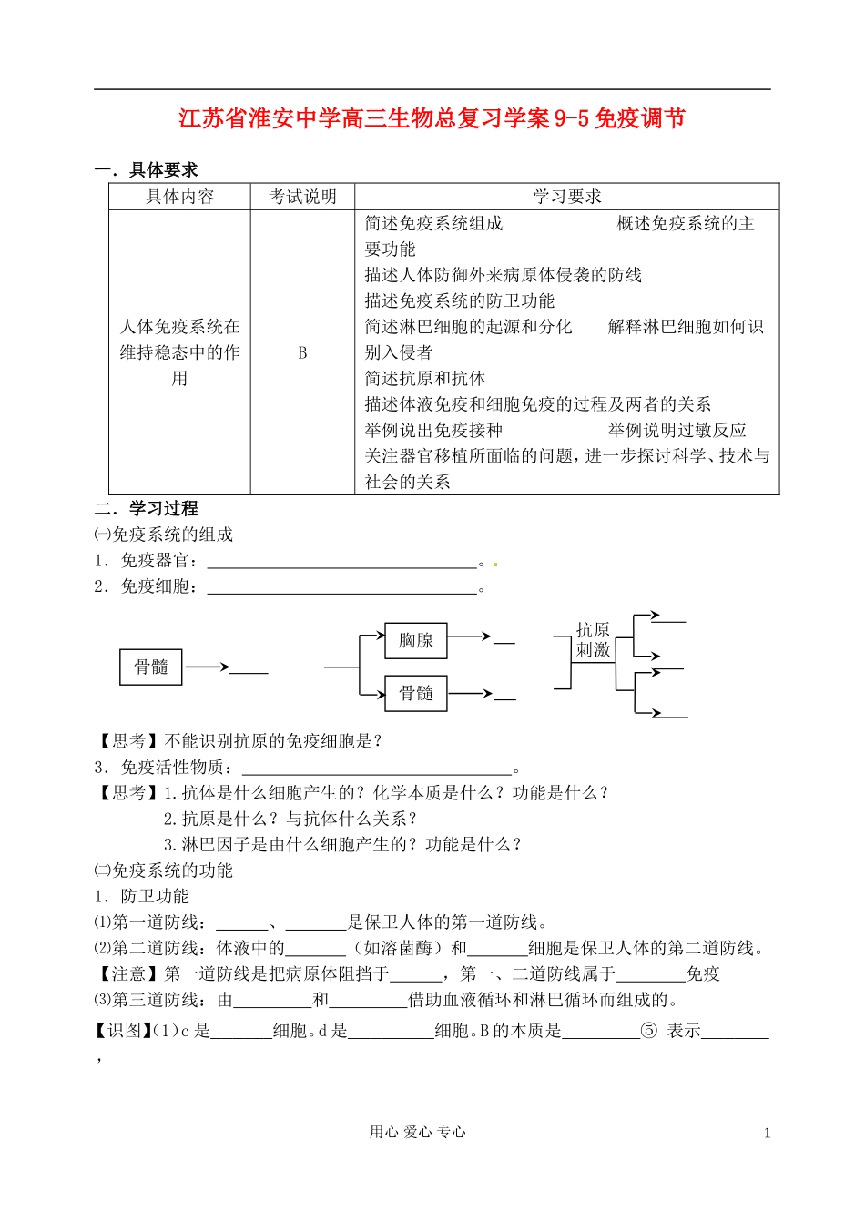 江苏省淮安中学高三生物总复习 9-5免疫调节学案_第1页