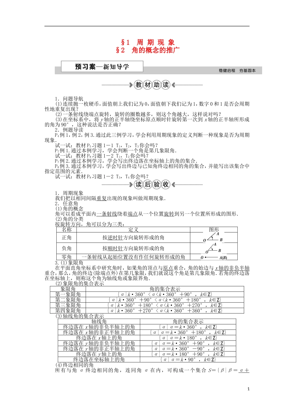 高中数学 第一章 三角函数 1周期现象、 2角的概念的推广 新人教A版必修4-新人教A版高一必修4数学试题_第1页