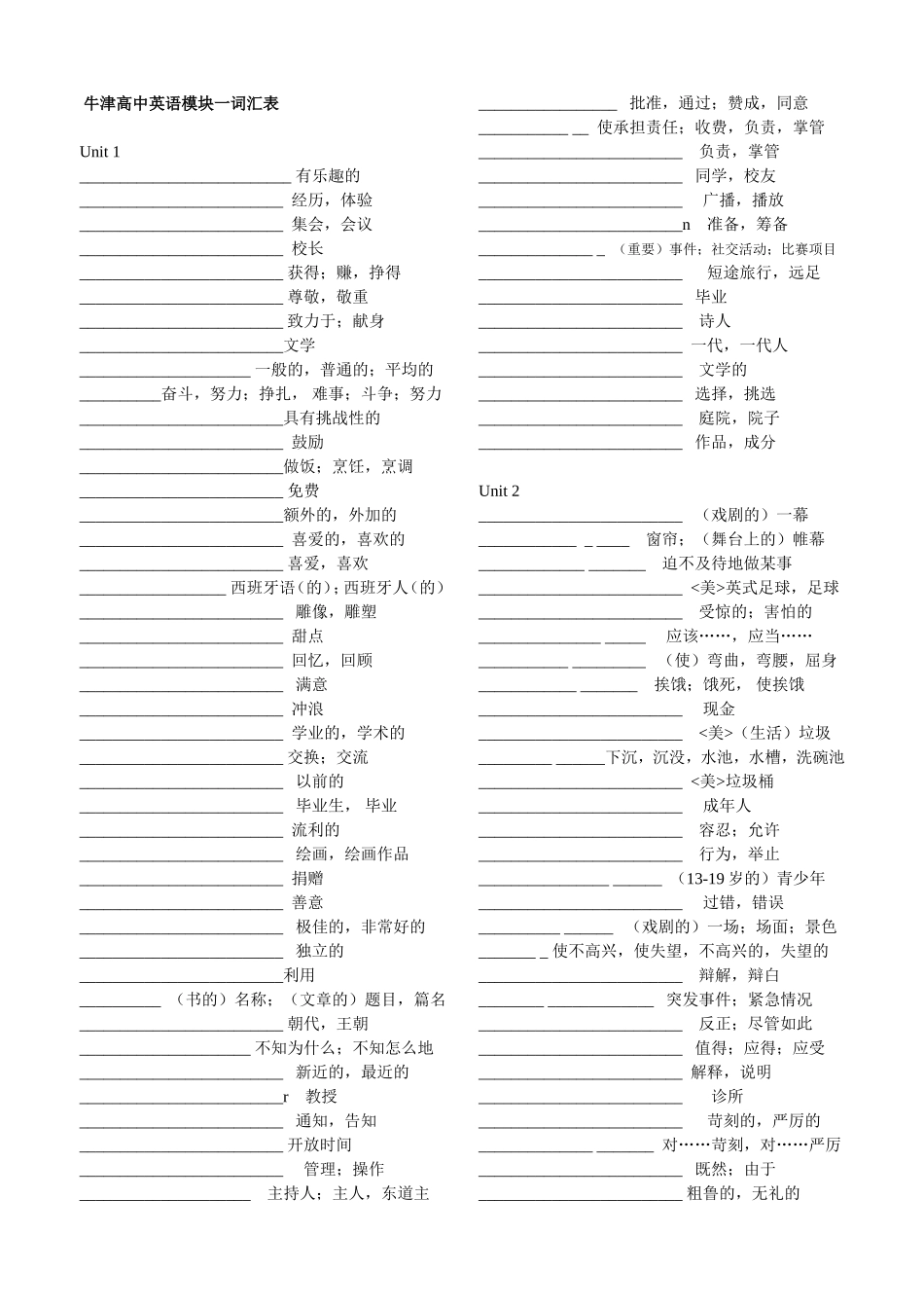 牛津译林版高中英语模块一词汇表及默写表_第1页
