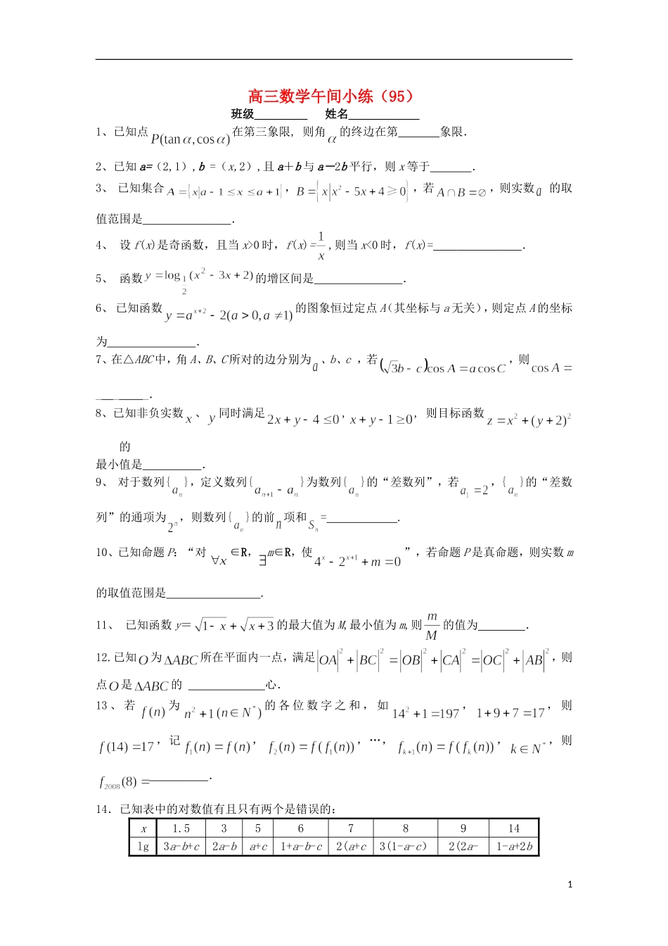 江苏省宿迁市剑桥国际学校高三数学午练（95） 苏教版_第1页