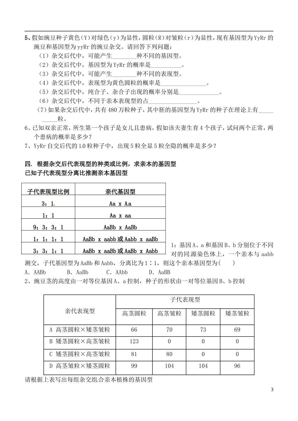 山西省朔州市平鲁区李林中学高中生物《三．遗传规律题型归纳1》导学案 苏教版必修2_第3页