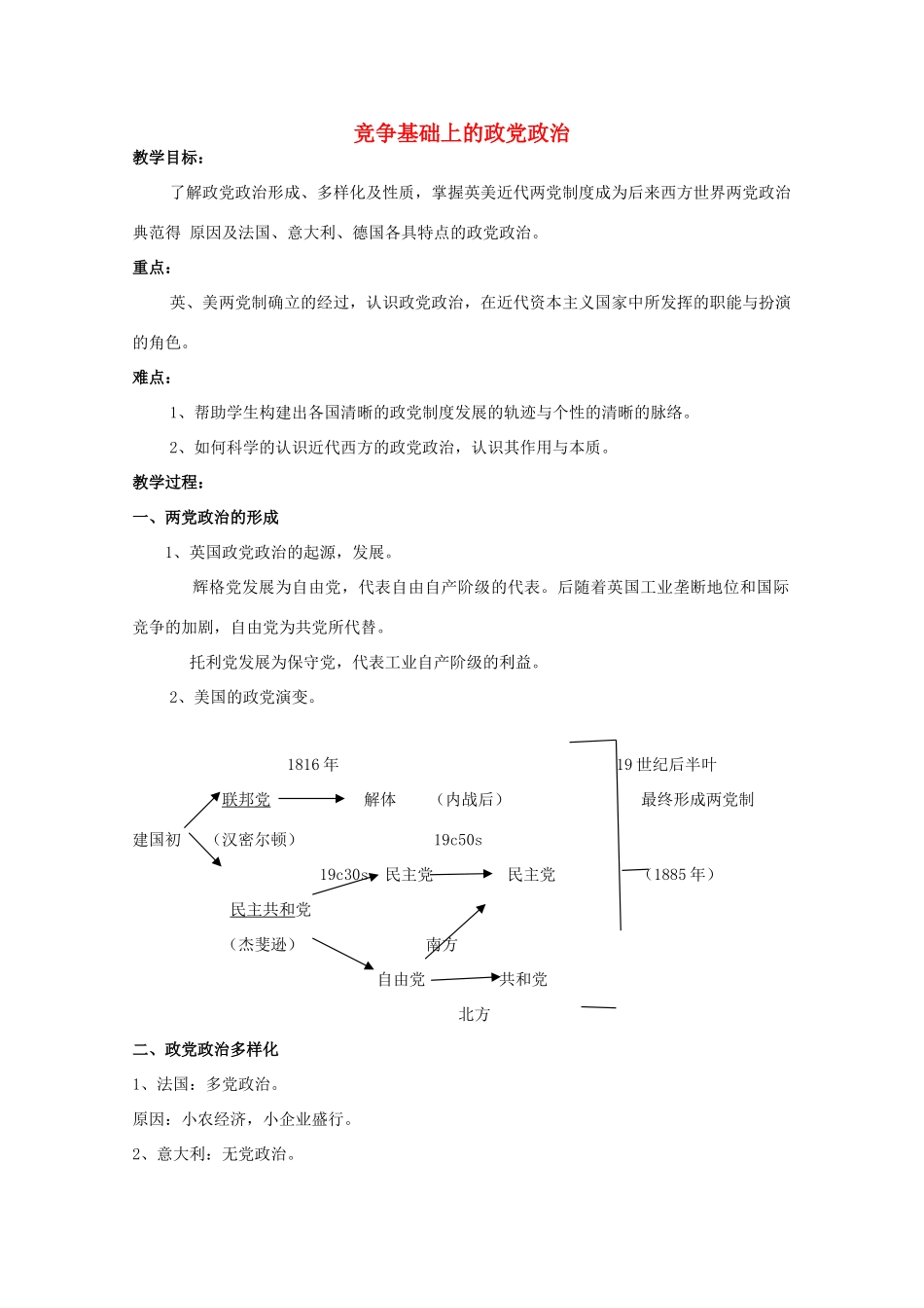高中历史 专题四 民主潮流的发展与壮大 第2节 竞争基础上的政党政治教案 人民版选修2-人民版高二选修2历史教案_第1页