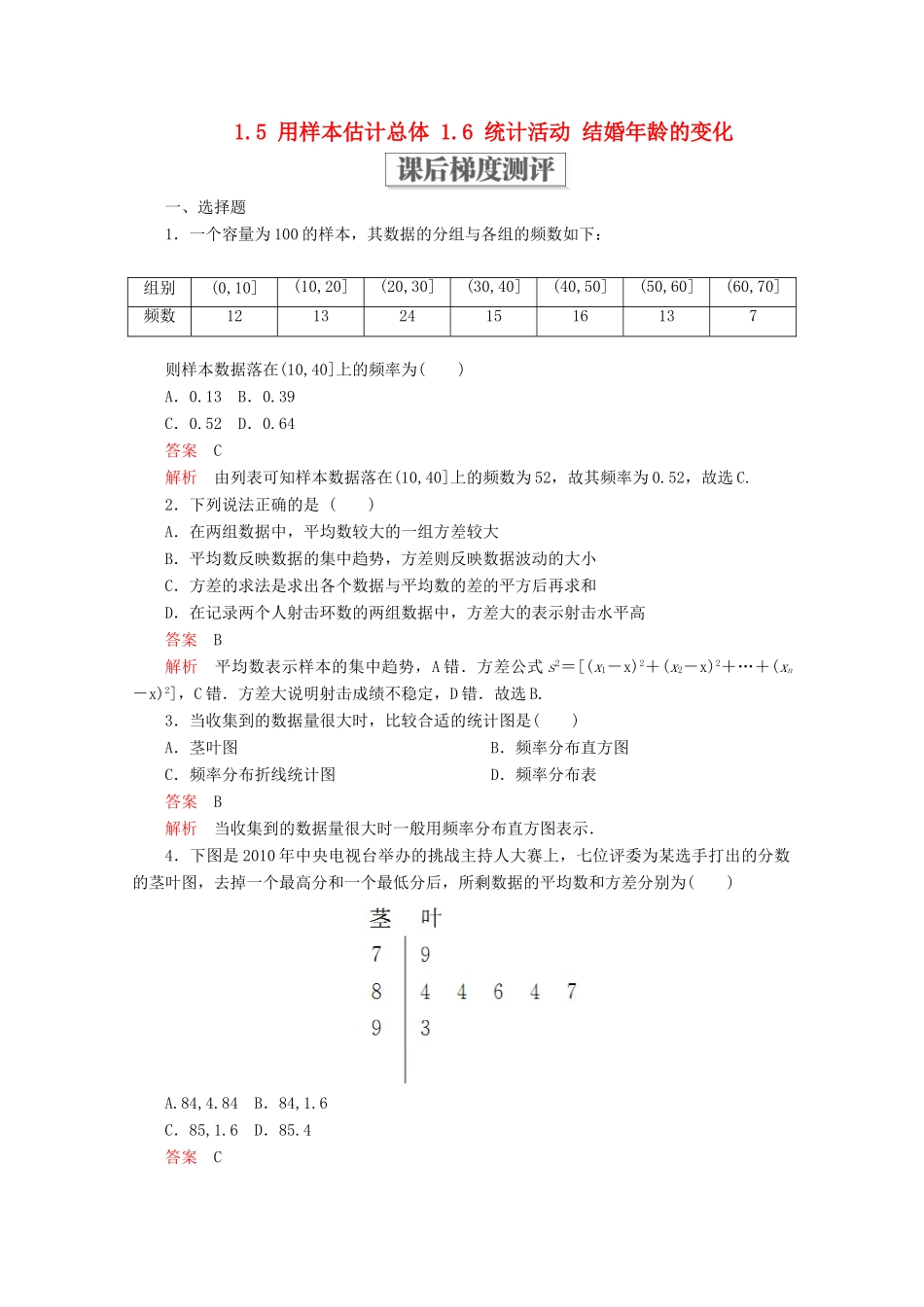 高中数学 第一章 统计 1.5 用样本估计总体 1.6 统计活动 结婚年龄的变化课后梯度测评 北师大版必修3-北师大版高一必修3数学试题_第1页