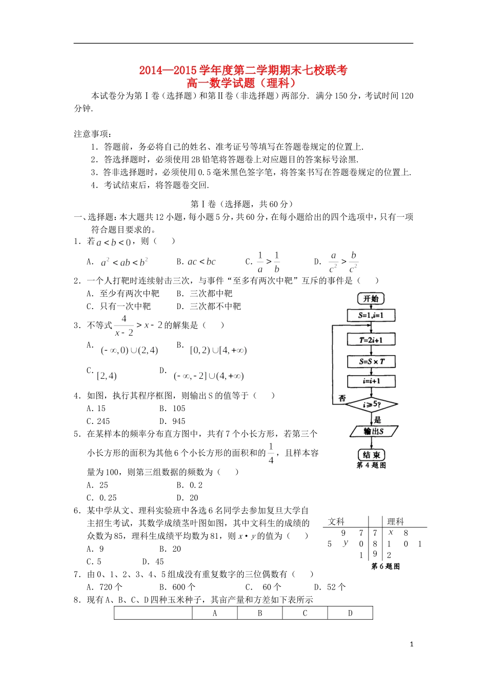 重庆市七校联考高一数学下学期期末考试试题 理-人教版高一全册数学试题_第1页