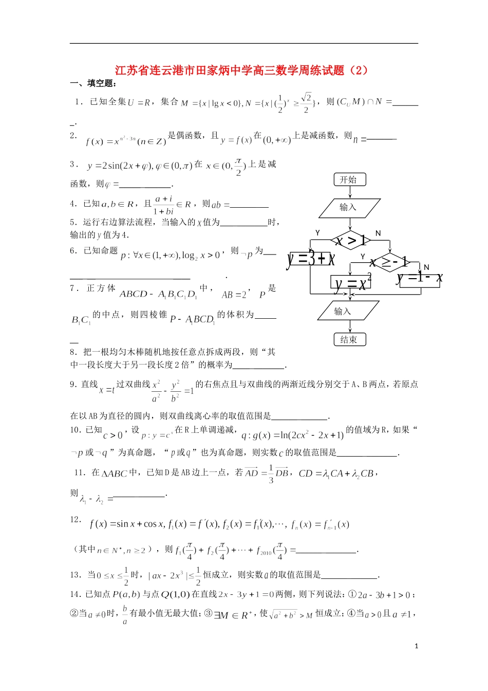 江苏省连云港市田家炳中学高三数学周练试题（2）_第1页