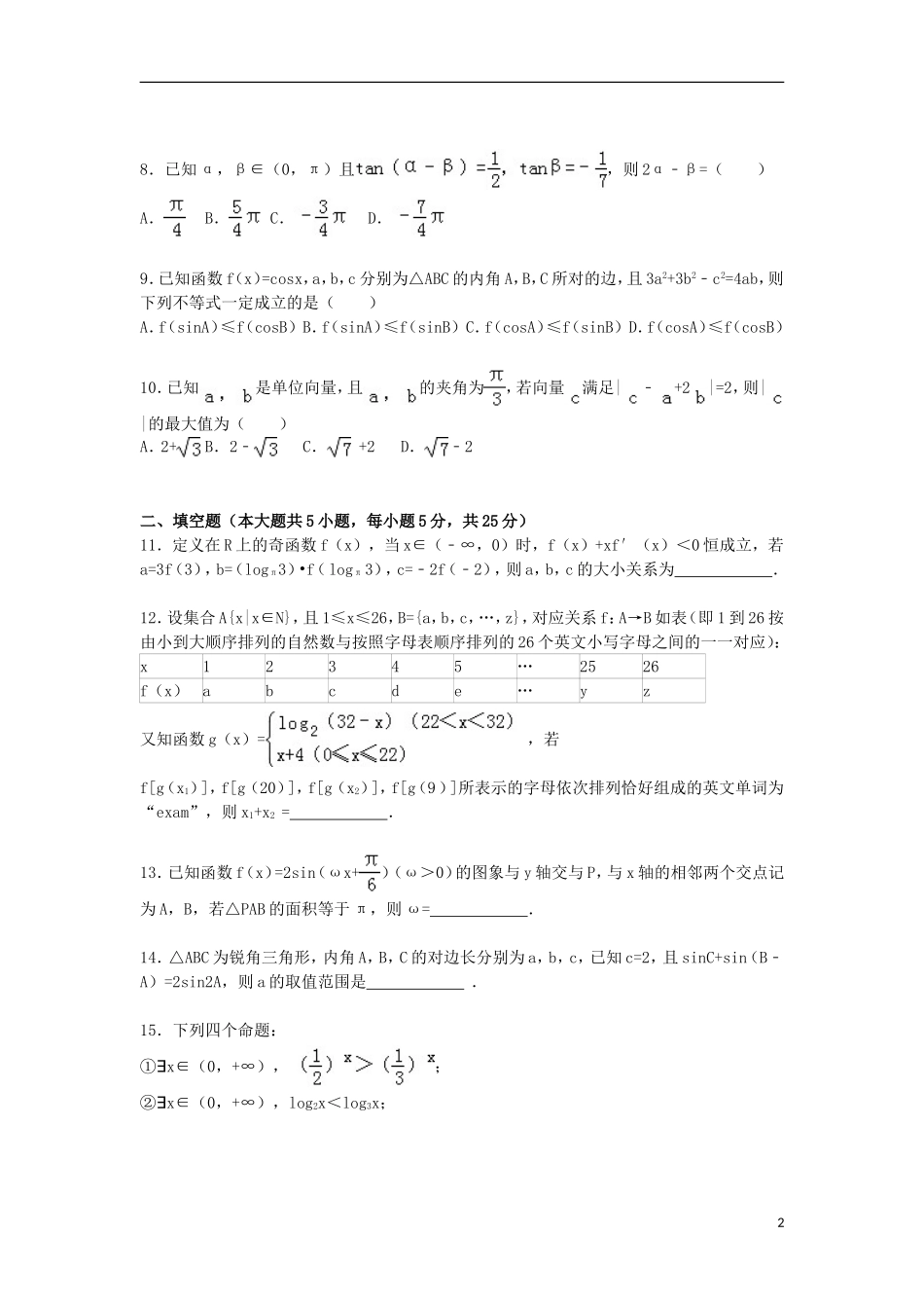 山东省淄博七中高三数学上学期10月月考试卷 理（含解析）-人教版高三全册数学试题_第2页