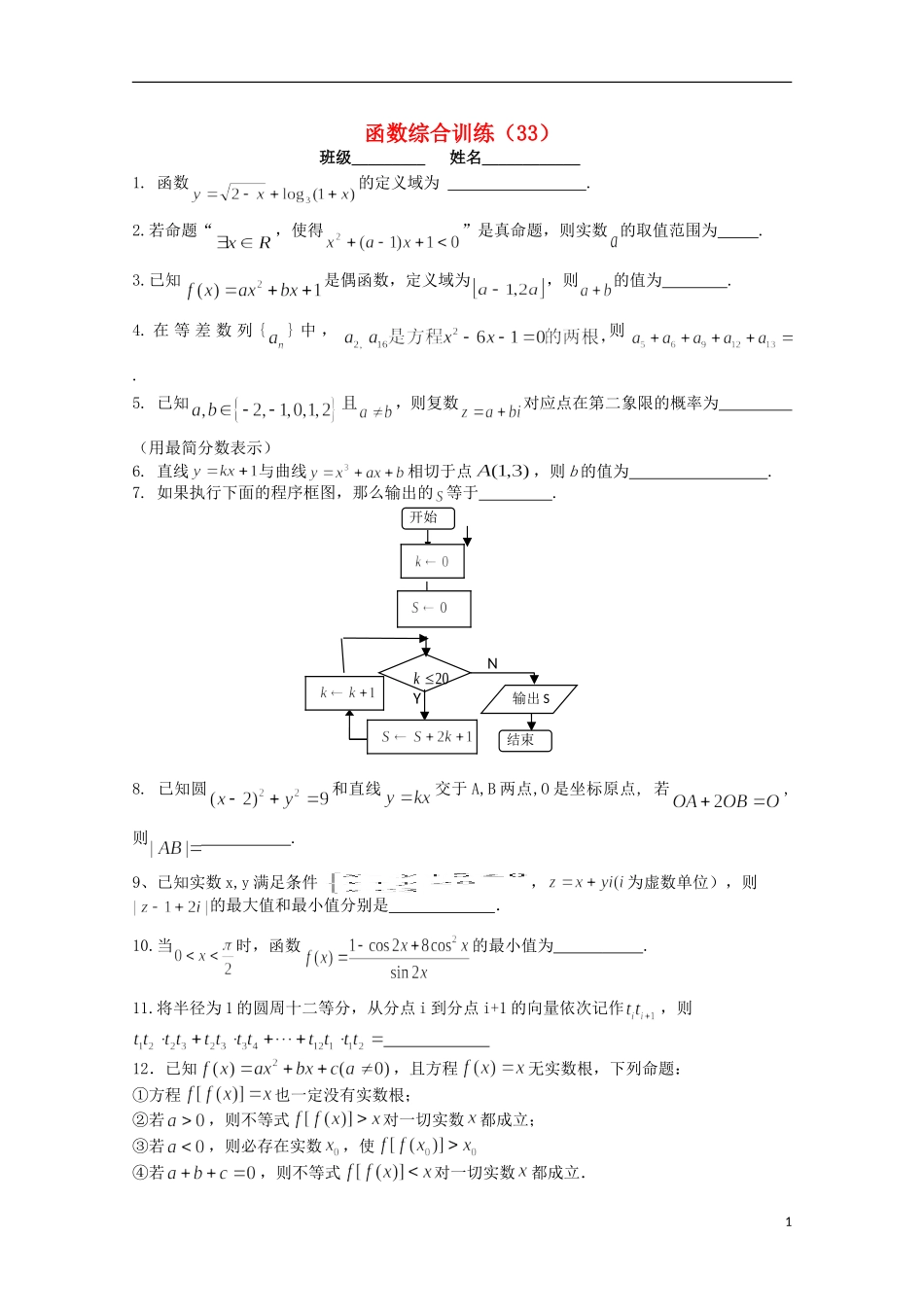 江苏省宿迁市剑桥国际学校高三数学 午练（33）函数（苏教版）_第1页