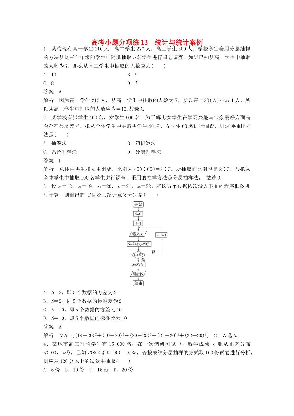 新（全国甲卷）高考数学三轮增分练 高考小题分项练13 统计与统计案例 理-人教版高三全册数学试题_第1页