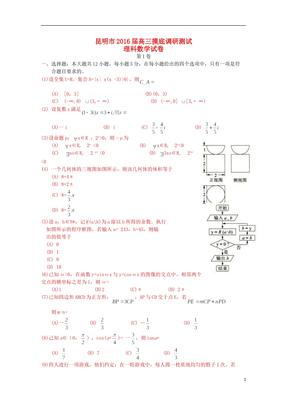 云南省昆明市高三数学上学期摸底调研测试试题 理-人教版高三全册数学试题_第1页