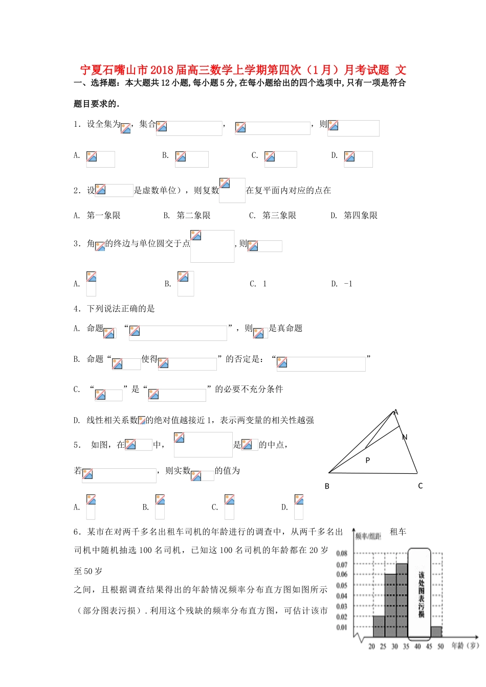 宁夏石嘴山市高三数学上学期第四次（1月）月考试题 文-人教版高三全册数学试题_第1页