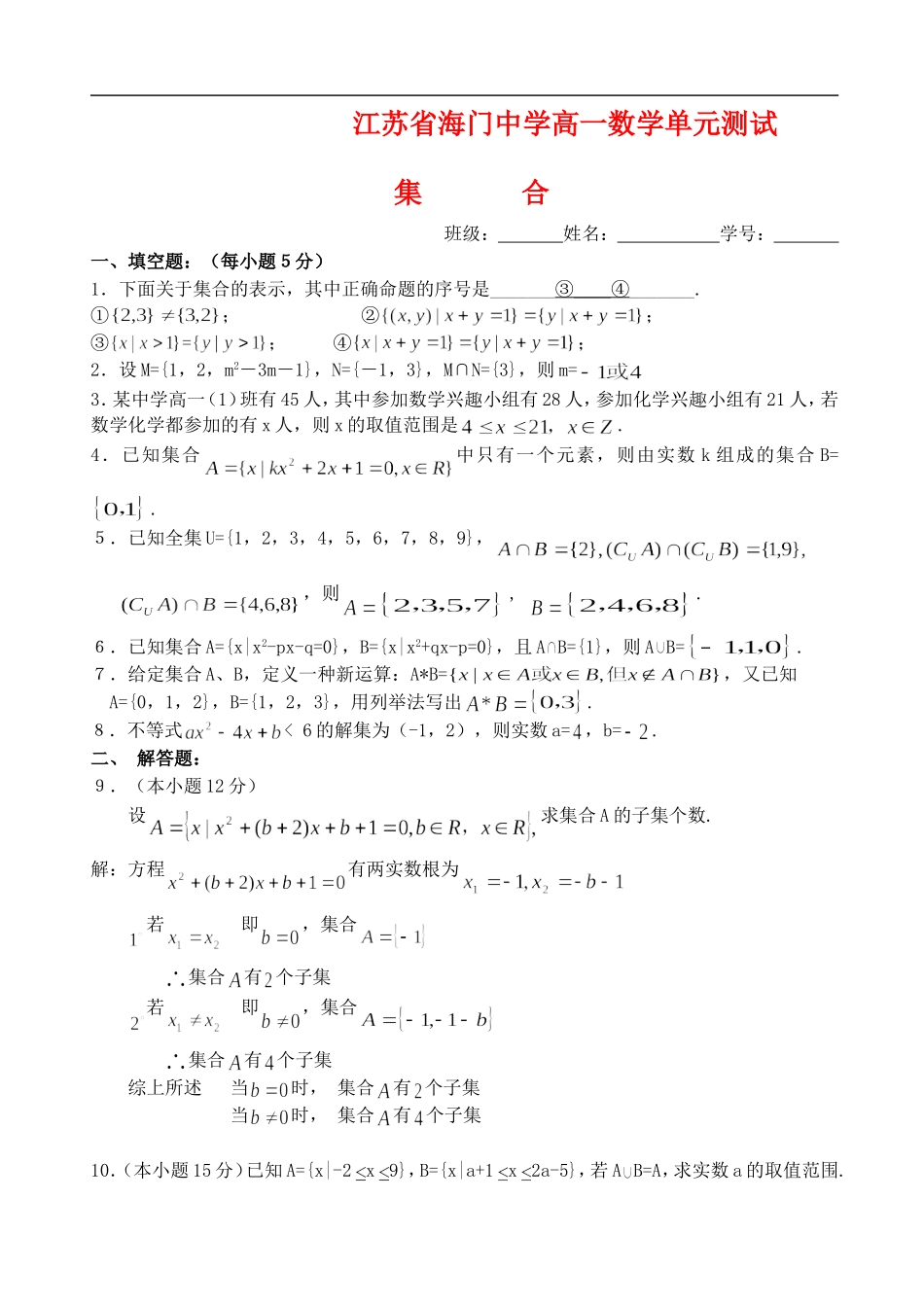 江苏省海门中学高一数学单元测试集合  苏教版_第1页