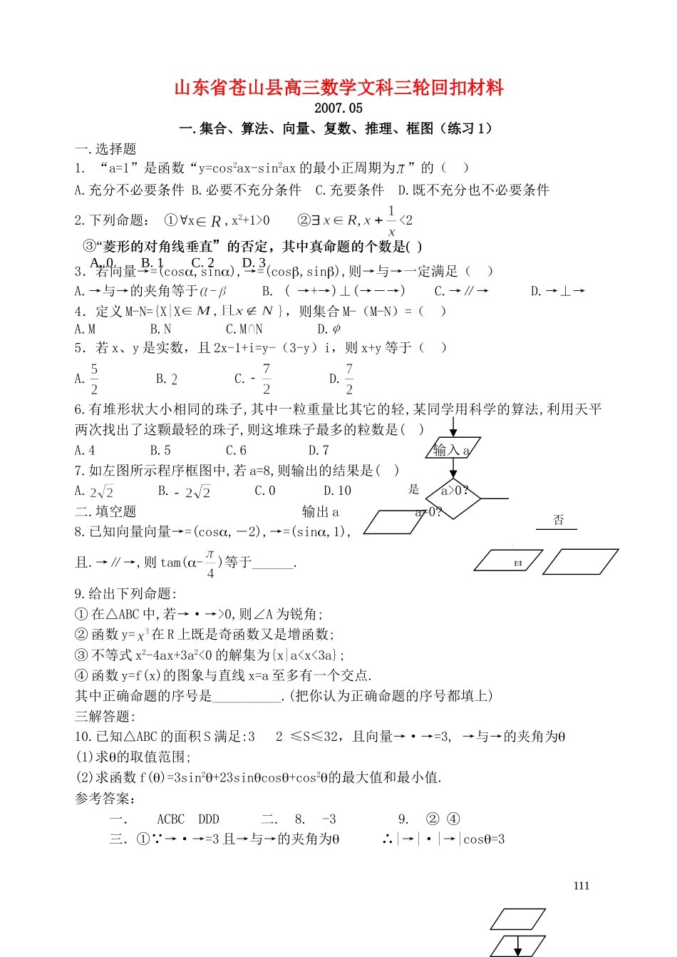 山东省苍山县高三数学文科三轮回扣材料_第1页
