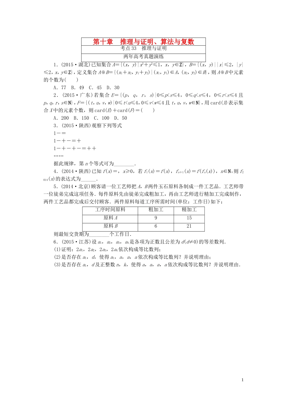 一点一练高考数学 第十章 推理与证明、算法与复数专题演练 文（含两年高考一年模拟）-人教版高三全册数学试题_第1页
