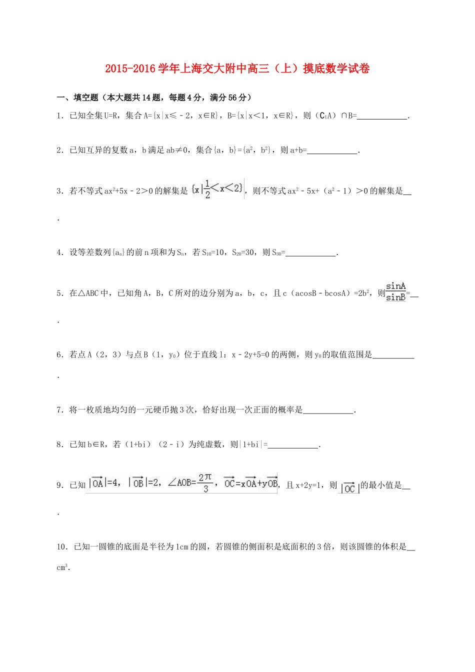 上海交大附中高三数学上学期摸底试卷（含解析）-人教版高三全册数学试题_第1页
