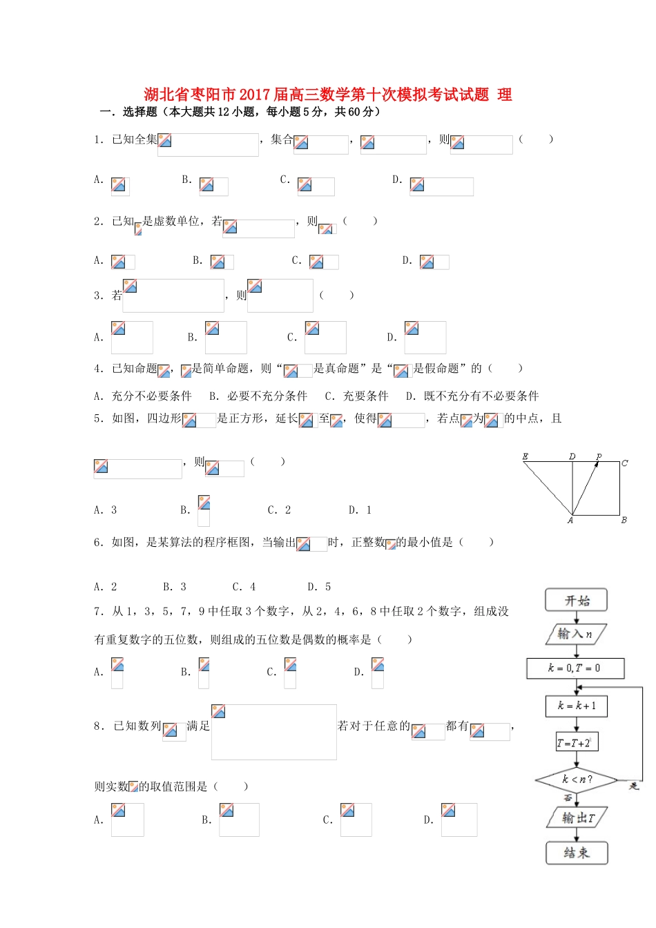 湖北省枣阳市高三数学第十次模拟考试试题 理-人教版高三全册数学试题_第1页