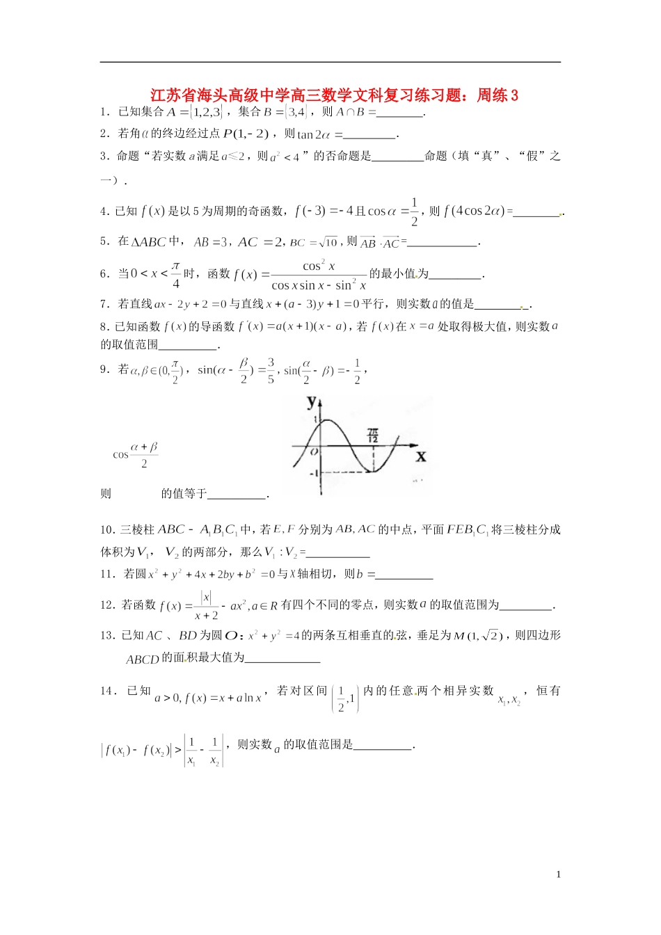 江苏省海头高级中学高三数学 复习练习题周练3 文_第1页