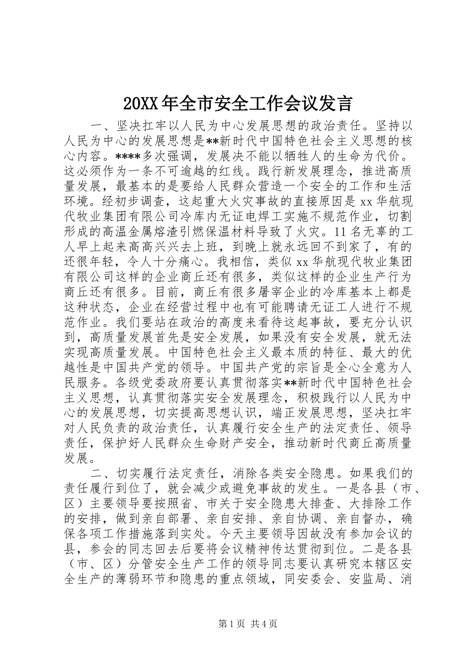 20XX年全市安全工作会议发言稿_第1页