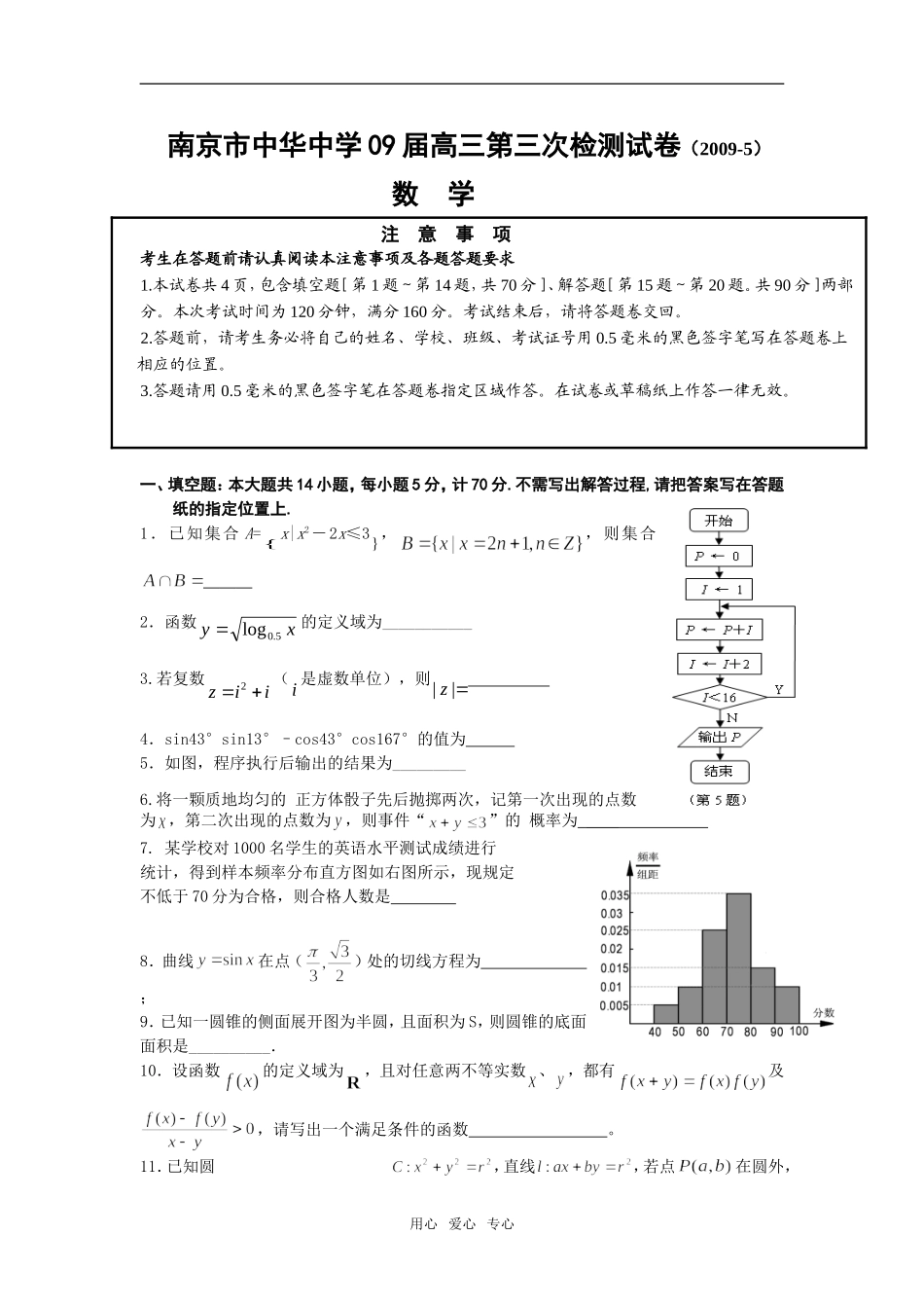 江苏省南京市中华中学09届高三数学第三次检测试（考前预测）.doc_第1页