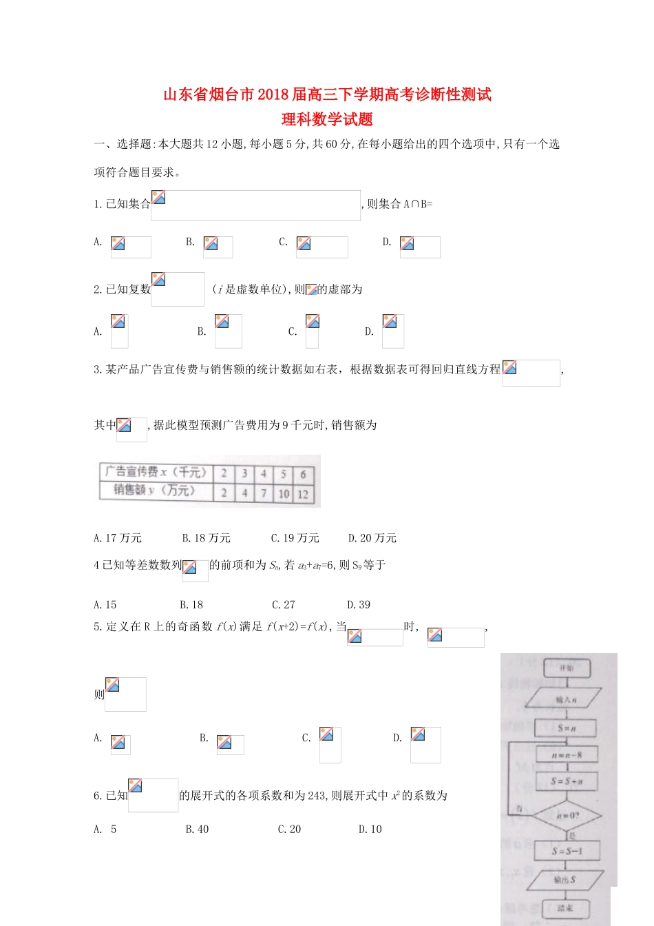 山东省烟台市高三数学下学期诊断性测试试题 理-人教版高三全册数学试题_第1页