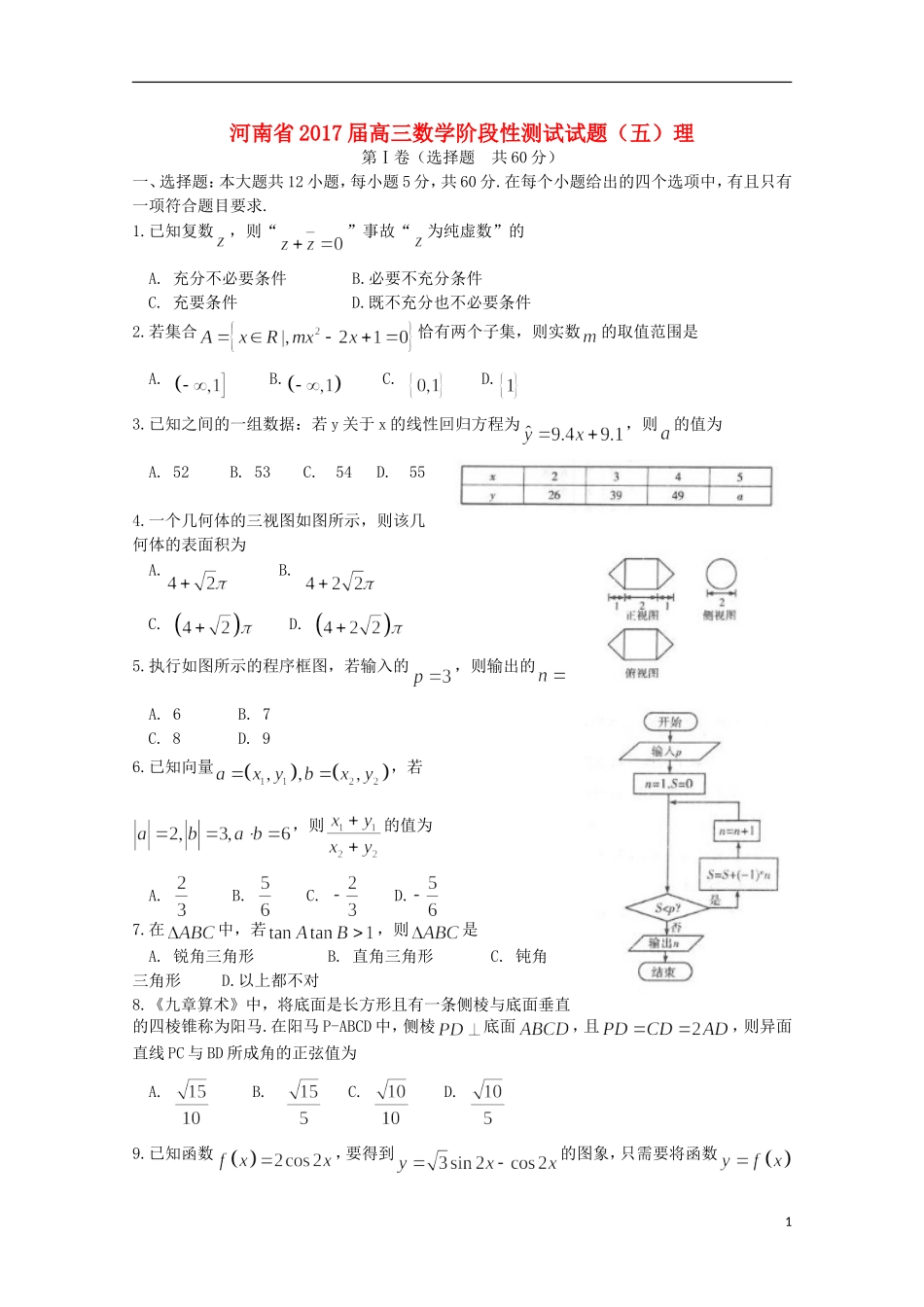 河南省高三数学阶段性测试试题（五）理-人教版高三全册数学试题_第1页