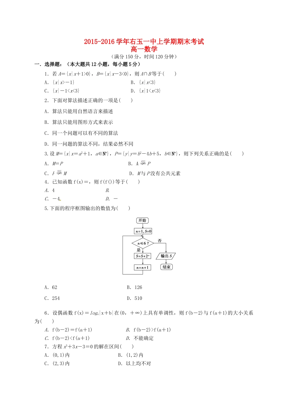 山西省右玉一中高一数学上学期期末考试试题-人教版高一全册数学试题_第1页