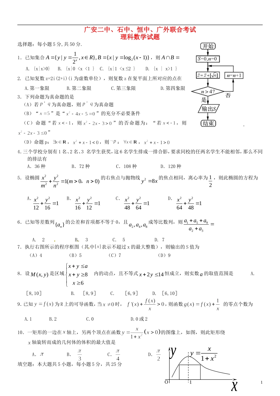 四川省广安二中、石中、恒中、广外四校高三数学下学期第一次联合考试试题 理-人教版高三全册数学试题_第1页