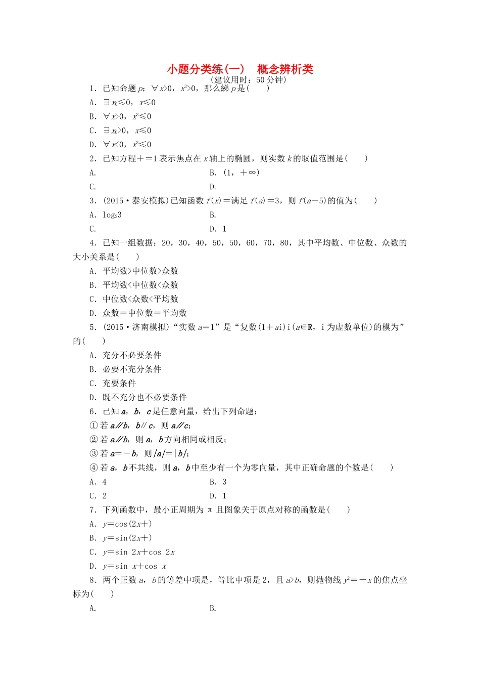 优化方案（山东专用）高考数学二轮复习 小题分类练（一）理-人教版高三全册数学试题_第1页