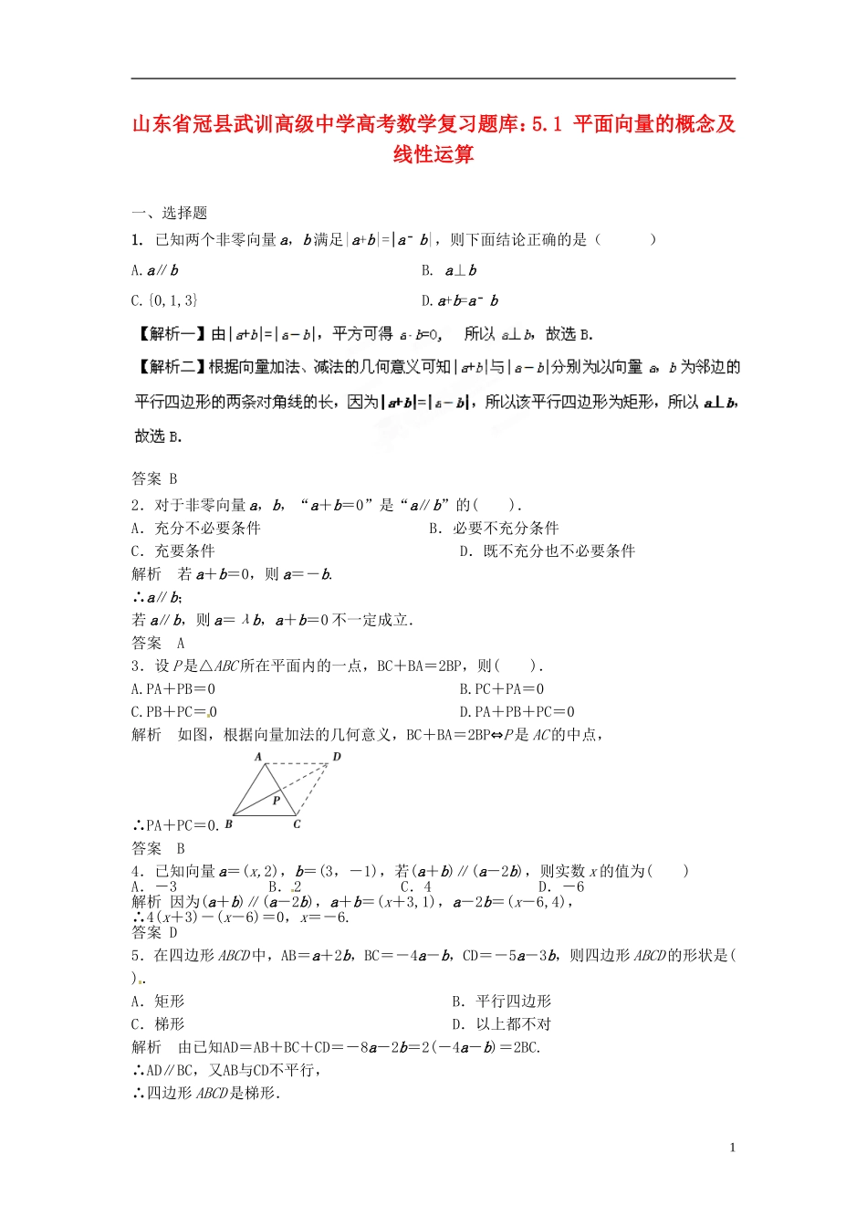 山东省冠县武训高级中学高考数学 5.1 平面向量的概念及线性运算复习题库_第1页