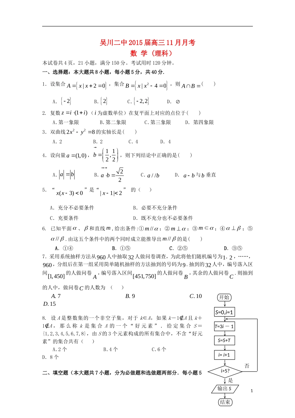 广东省吴川二中2015届高三数学11月月考试题 理 新人教A版_第1页