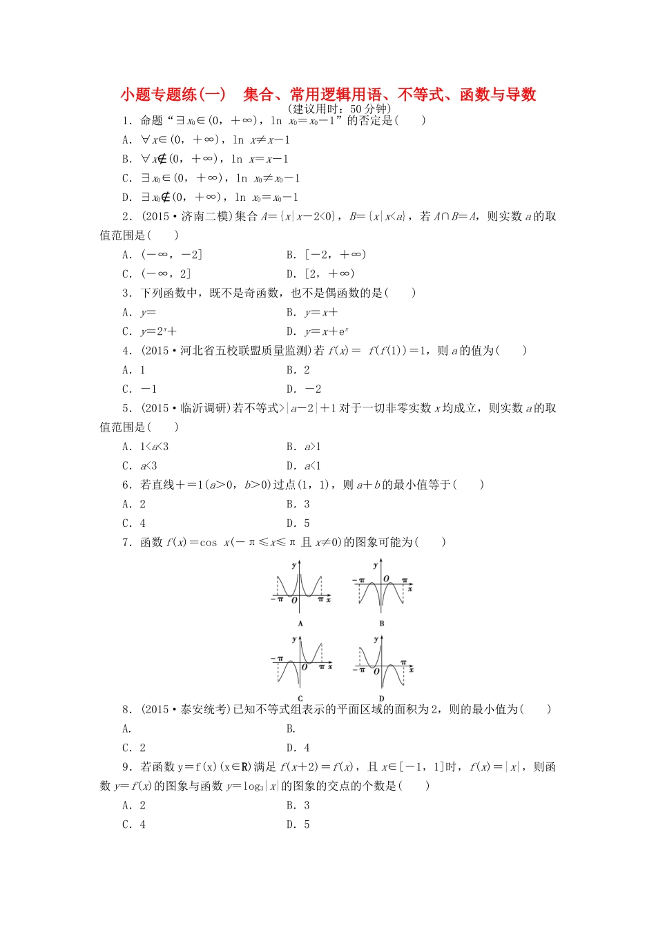 优化方案（山东专用）高考数学二轮复习 小题专题练（一）理-人教版高三全册数学试题_第1页