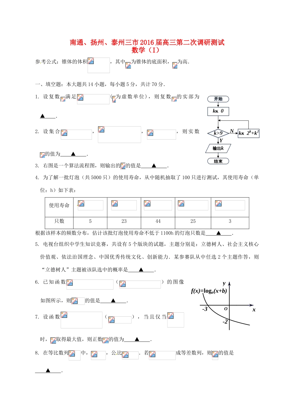 江苏省苏中三市（南通、扬州、泰州）高三数学第二次调研测试试题-人教版高三全册数学试题_第1页