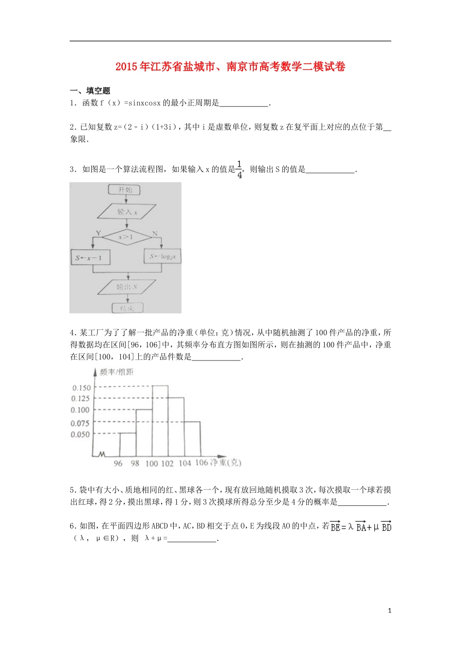 江苏省盐城市、南京市高三数学下学期二模试卷（含解析）-人教版高三全册数学试题_第1页