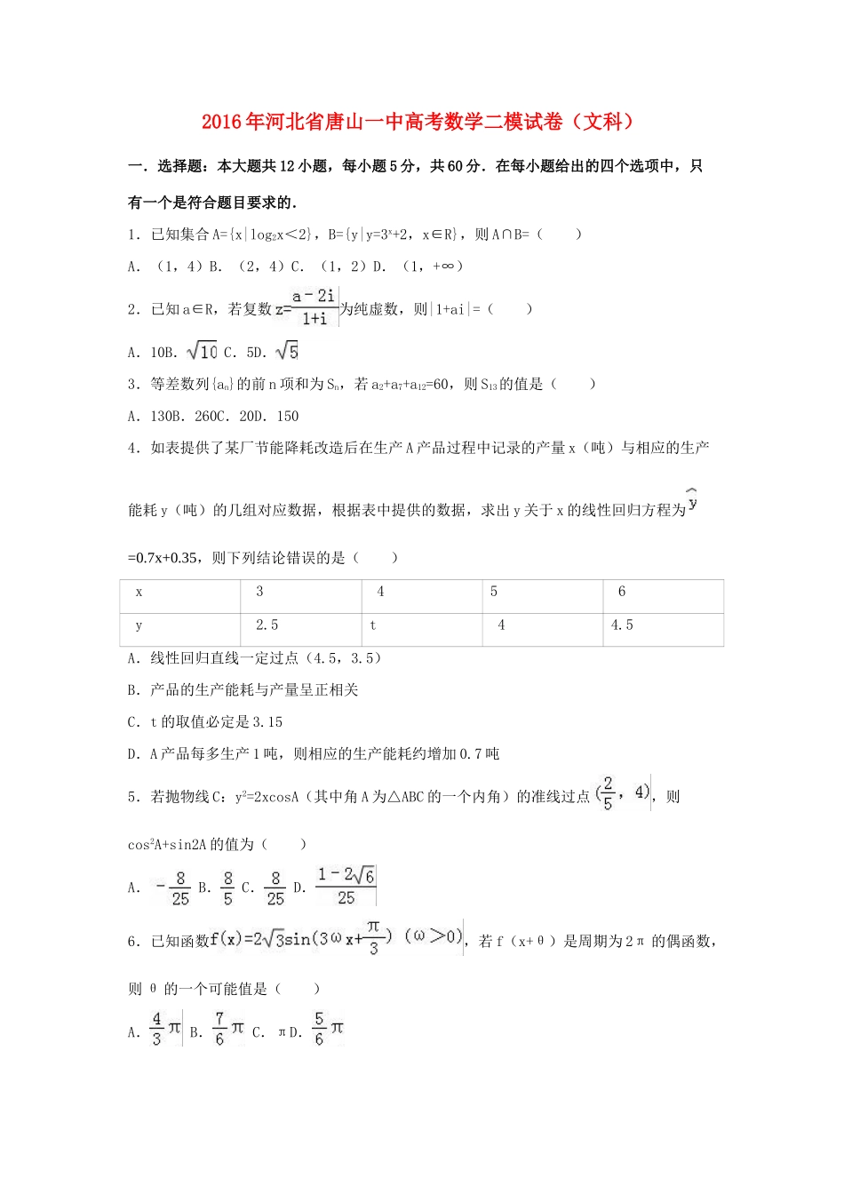 河北省唐山一中高三数学二模试卷 文（含解析）-人教版高三全册数学试题_第1页