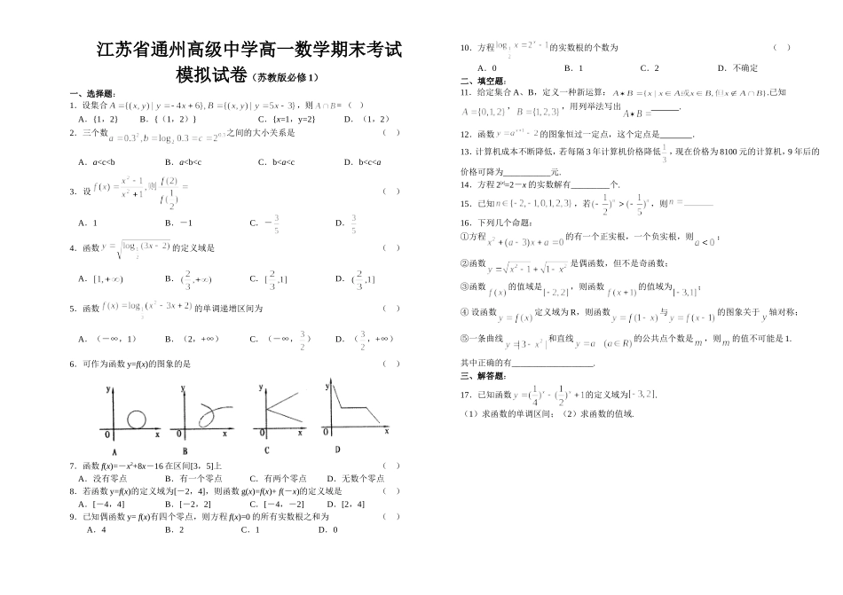 江苏省通州高级中学高一数学期末考试模拟试卷（苏教版必修1）_第1页
