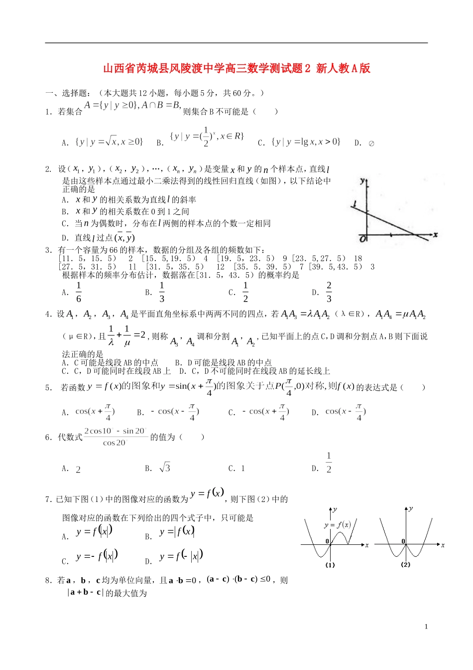 山西省芮城县风陵渡中学高三数学测试题2 新人教A版_第1页