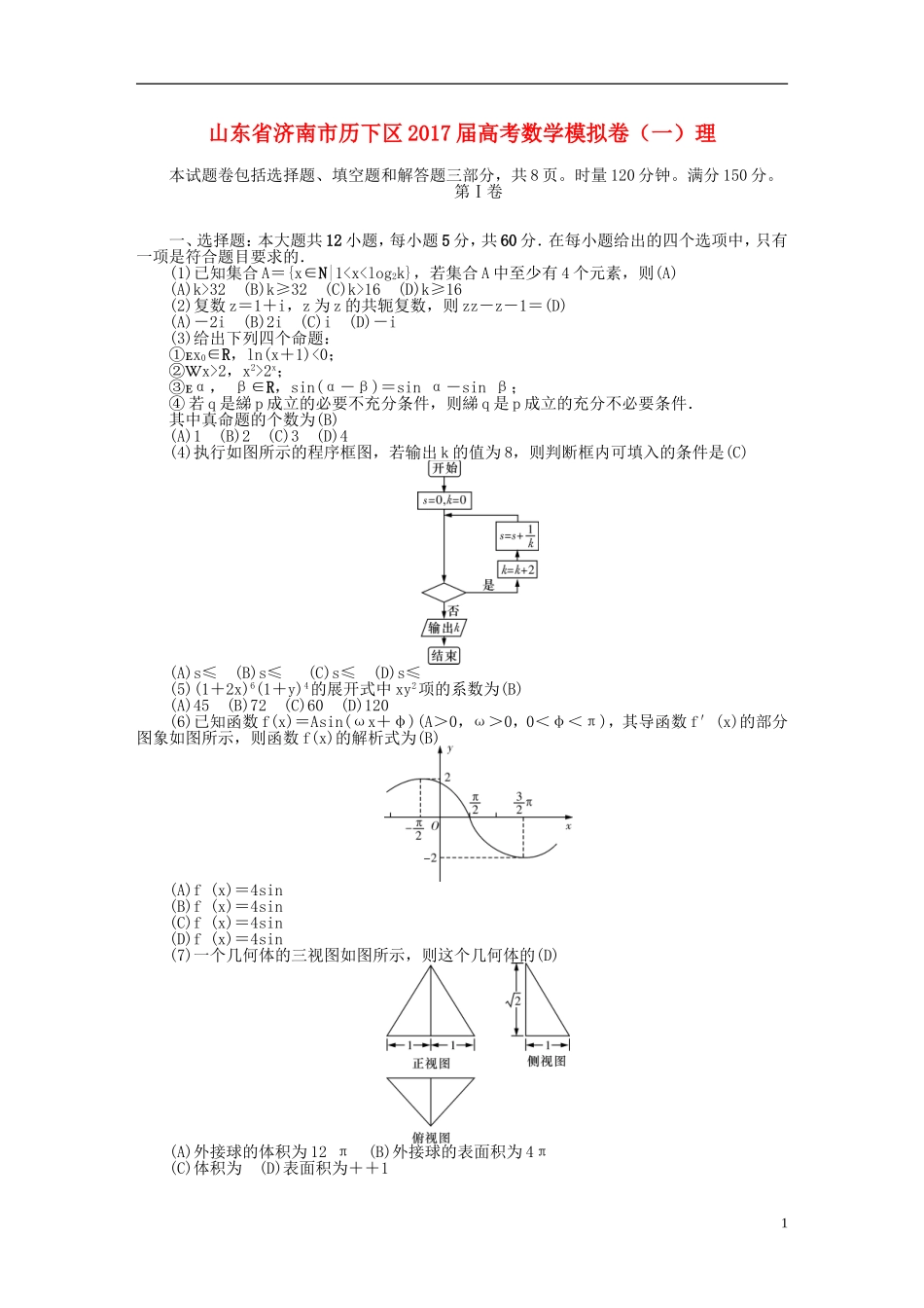 山东省济南市历下区高考数学模拟卷（一）理-人教版高三全册数学试题_第1页