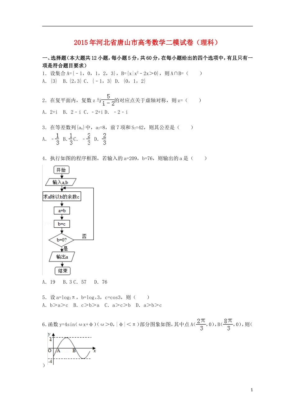 河北省唐山市高三数学下学期第二次模拟试卷 理（含解析）-人教版高三全册数学试题_第1页