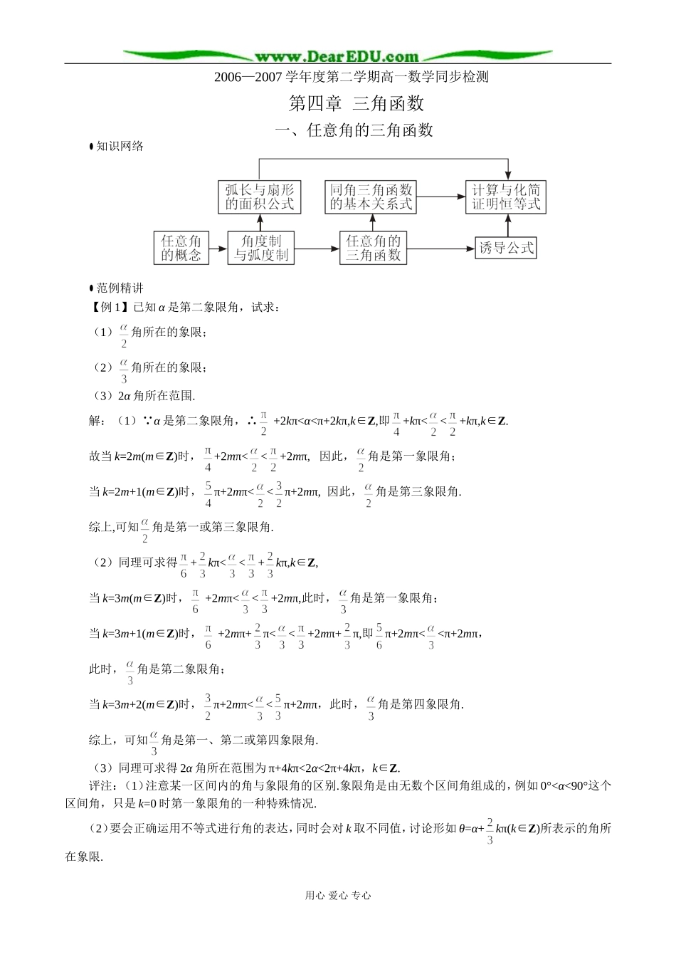 江苏省兴化市文正实验学校高一数学同步检测 任意角的三角函数A卷 苏教版必修2_第1页