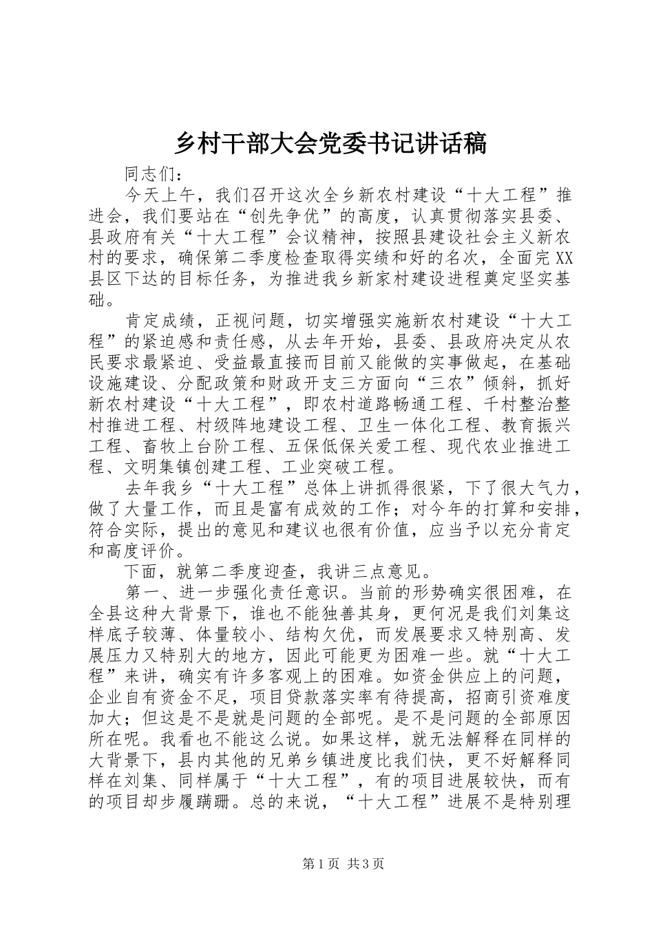 乡村干部大会党委书记讲话发言稿_第1页