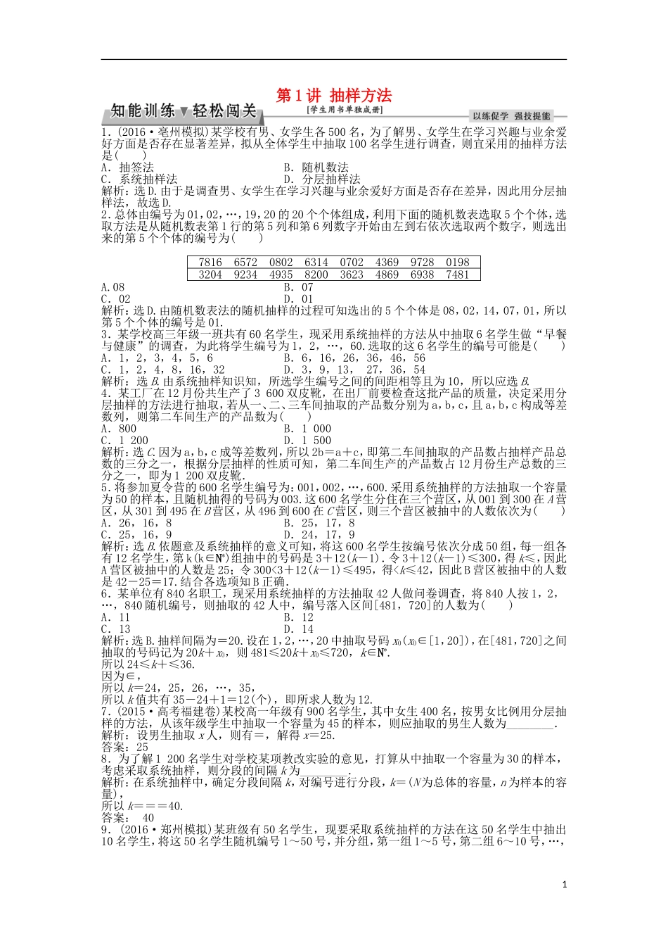 高考数学一轮复习 第10章 统计、统计案例及算法初步 第1讲 抽样方法知能训练轻松闯关 理 北师大版-北师大版高三全册数学试题_第1页
