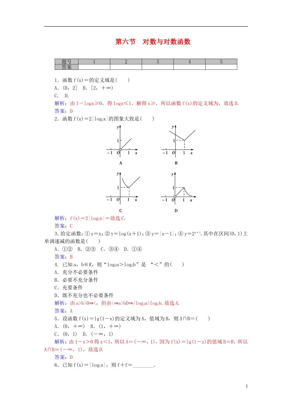 高考数学一轮复习 2.6对数与对数函数练习 理-人教版高三全册数学试题_第1页