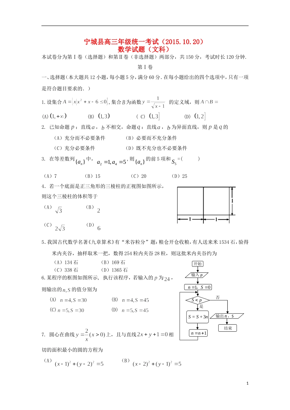 内蒙古赤峰市宁城县高三数学上学期第一次统一考试试题 文-人教版高三全册数学试题_第1页