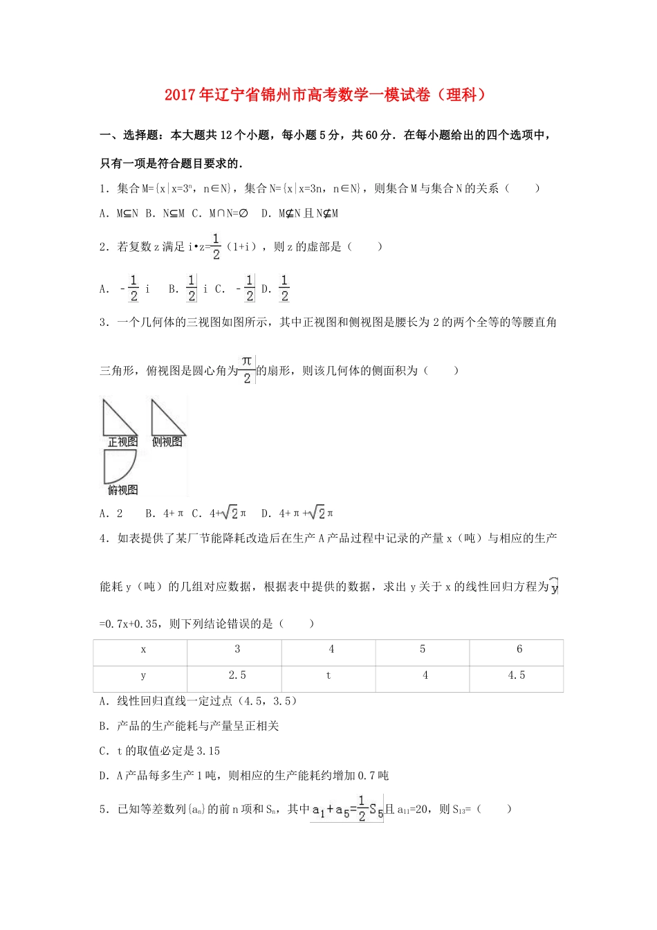 辽宁省锦州市高考数学一模试卷 理（含解析）-人教版高三全册数学试题_第1页