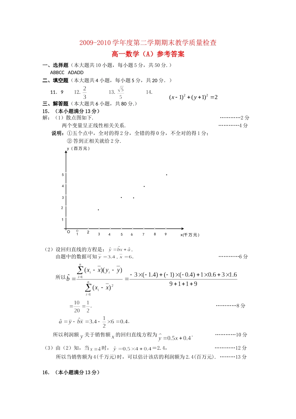 广东省东莞市09-10学年高一数学下学期期末考试答案（A卷） 新人教A版_第1页