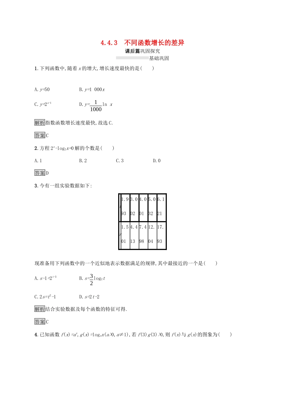 高中数学 第四章 指数函数与对数函数 4.4.3 不同函数增长的差异课后篇巩固提升（含解析）新人教A版必修1-新人教A版高一必修1数学试题_第1页