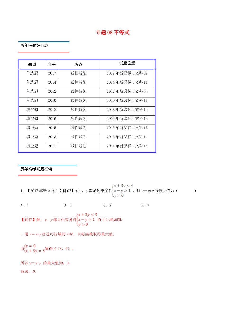 十年真题（-）高考数学真题分类汇编 专题08 不等式 文（含解析）-人教版高三全册数学试题_第1页