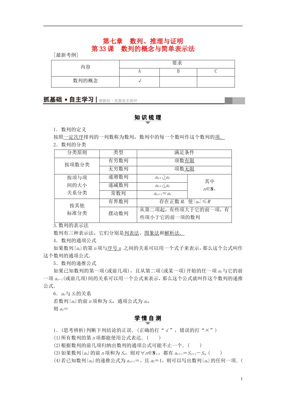 （江苏专用）高考数学一轮复习 第七章 数列、推理与证明 第33课 数列的概念与简单表示法教师用书-人教版高三全册数学试题_第1页