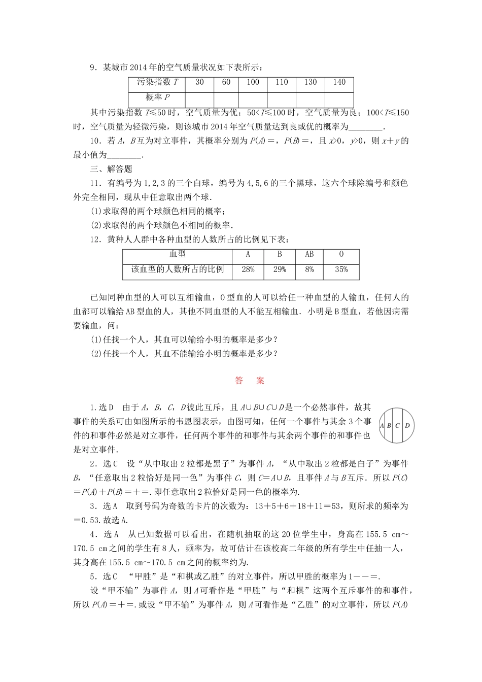 （新课标）高考数学大一轮复习 课时跟踪检测（五十五）随机事件的概率 文（含解析）-人教版高三全册数学试题_第2页